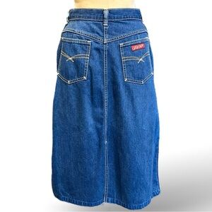 VINTAGE 80s Zena denim jean midi skirt logo pocket straight pencil preppy school
